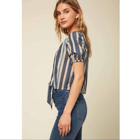 O’Neill Kaylee Tie Hem Top In Blue Stripe V-Neck Short Sleeve Beach Cropped - Picture 5 of 6